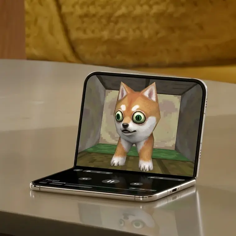 iShiba Duo half open on a table, the dog standing on the inner screen, paused